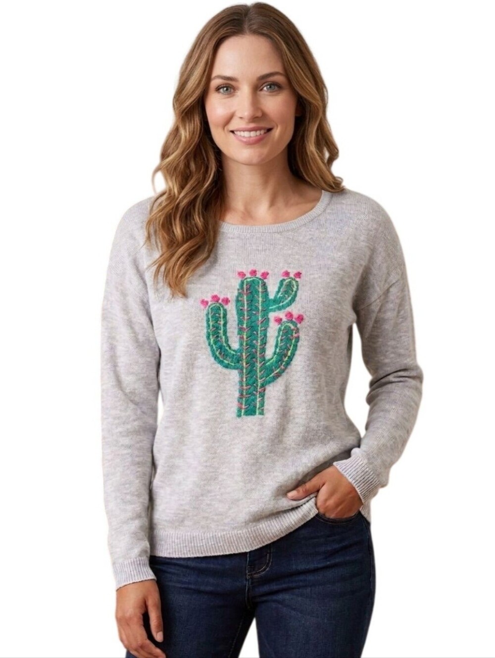 Project Unique Linen Blend Southwest Cactus Embroidered Sweater Size S